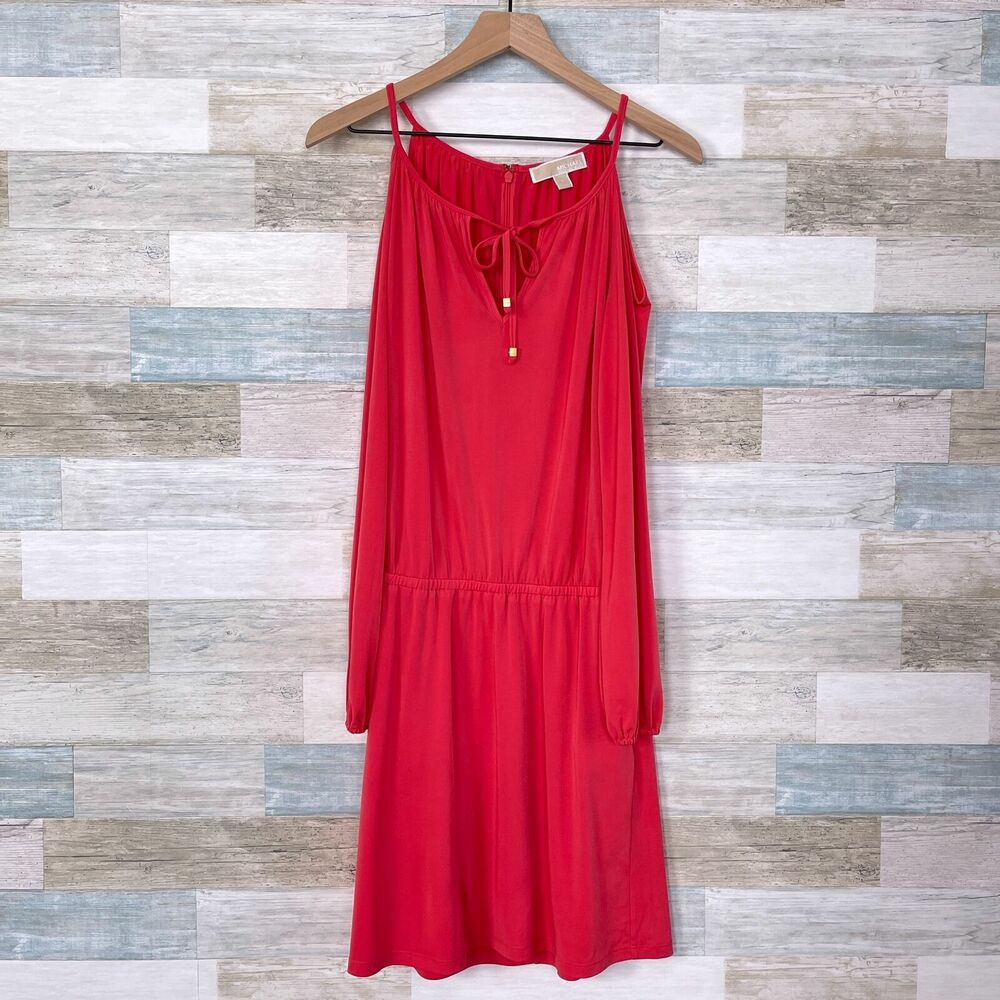 Michael Kors Cold Shoulder Blouson Dress Coral Pink Jersey Knit Womens Small